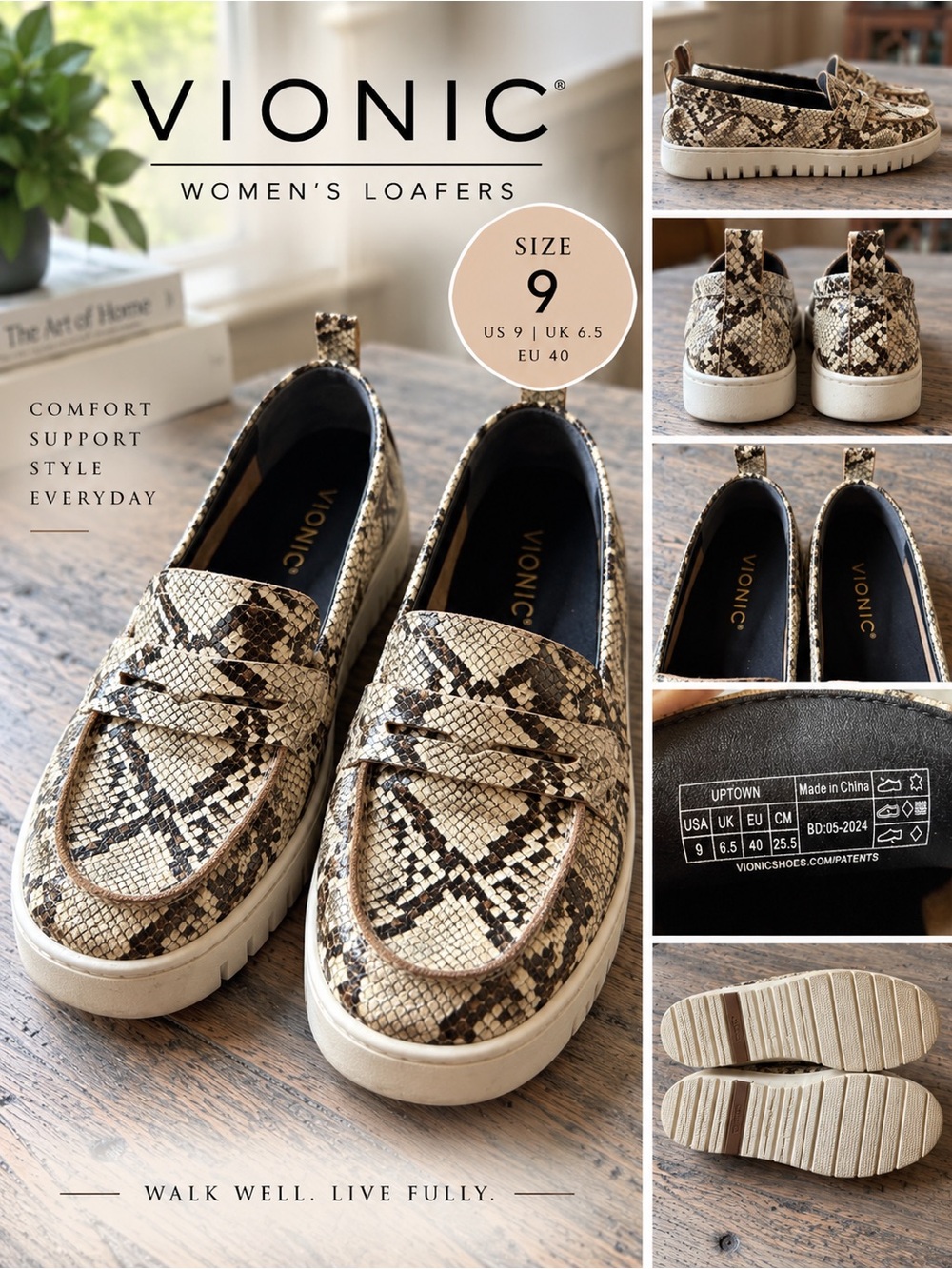 Vionic Uptown Women’s 9 Snakeskin Leather Loafers Platform Comfort Shoes